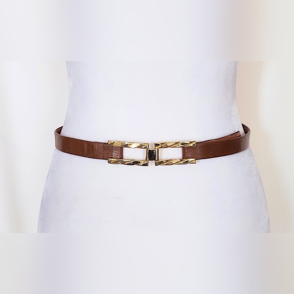 Morris Moskowitz Belt Women's Medium Brown Embossed Leather Gold Square Buckle
